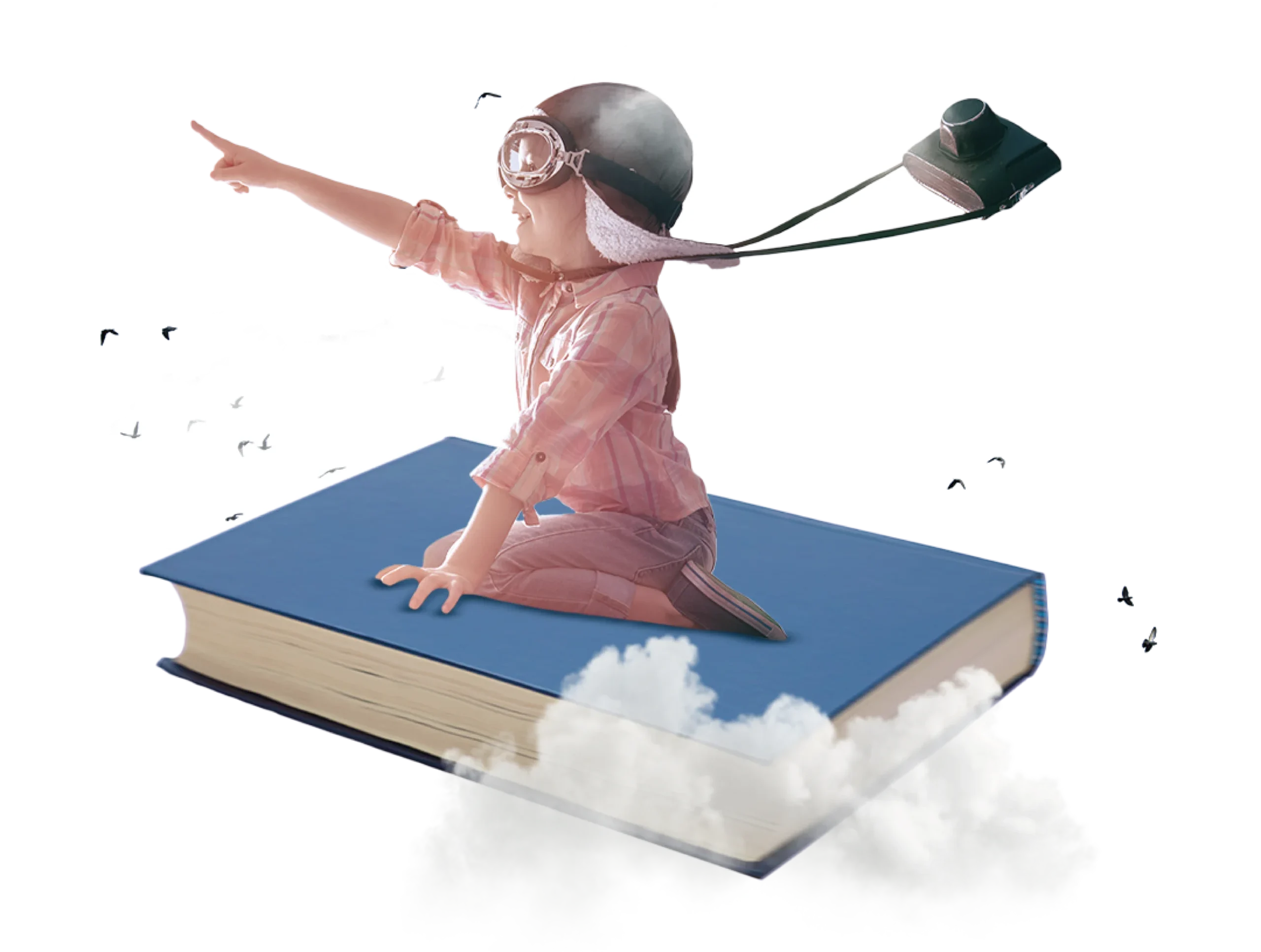 Bambina vola nel cielo vestita da aviatore su un libro dalla copertina blu